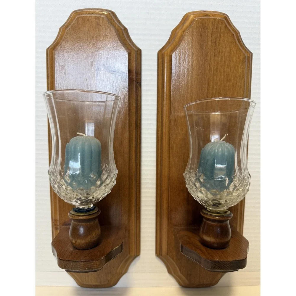 Vintage MCM Wood Glass Candle Holder Wall Sconce - Size 15 x 5